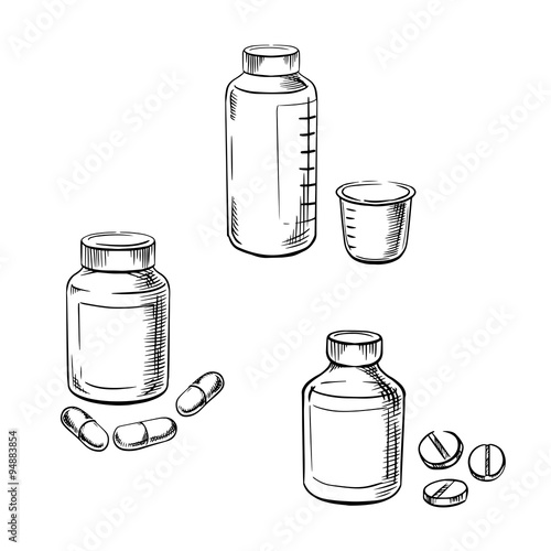 Bottles with pills, capsules and cough syrup