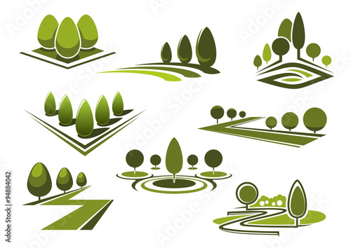 Parks and gaden icons with green trees