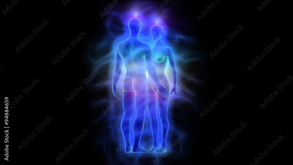 Animation of aura, chakras and healing energy - woman and man rotating loop able Animation of aura, chakras and healing energy - woman and man rotating loop able