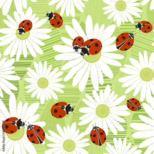 Seamless pattern with the flowers of chamomile and ladybirds. 