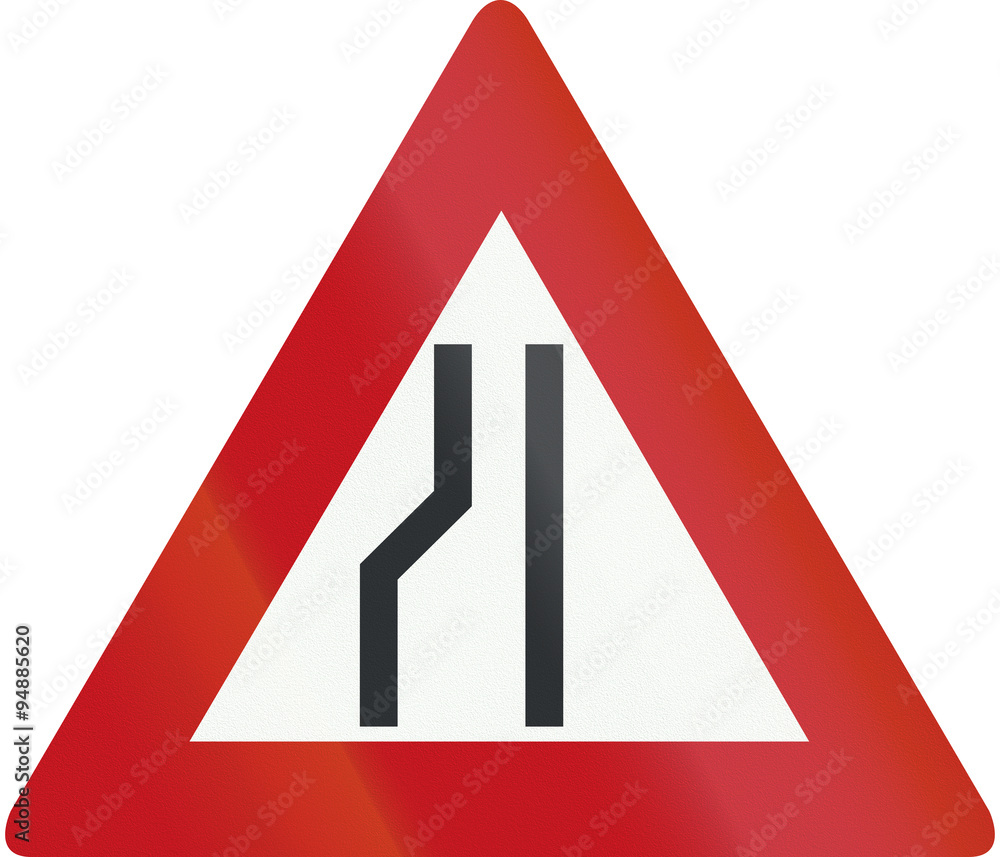 Netherlands road sign J19 - Road narrows on the left side Netherlands road sign J19 - Road narrows on the left side