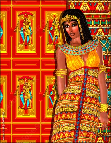An Egyptian woman adorned with gold jewelry, a colorful outfit, matching cosmetics and background all come together to complete this Egyptian digital art fantasy scene.