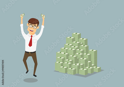 Businessman with huge pile of dollar packs