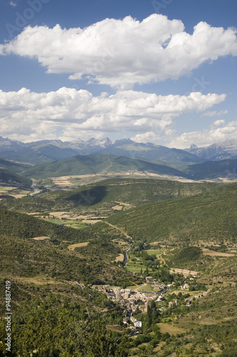 Scenic valley views in the Pyrenees Mountains, Spain on the way to The Monastery of San Juan de la Pena, Jaca, in Jaca, Huesca, Spain