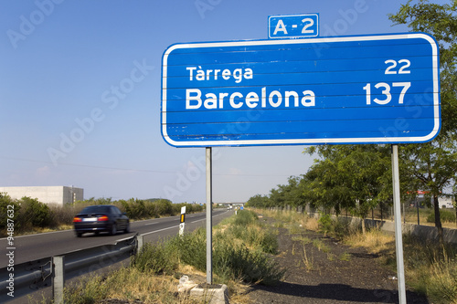Highway sign for A-2 with 137 Kilometers to Barcelona, Spain