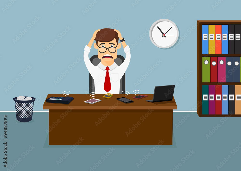 Stressful businessman has a lot telephone calls Stressful businessman has a lot telephone calls