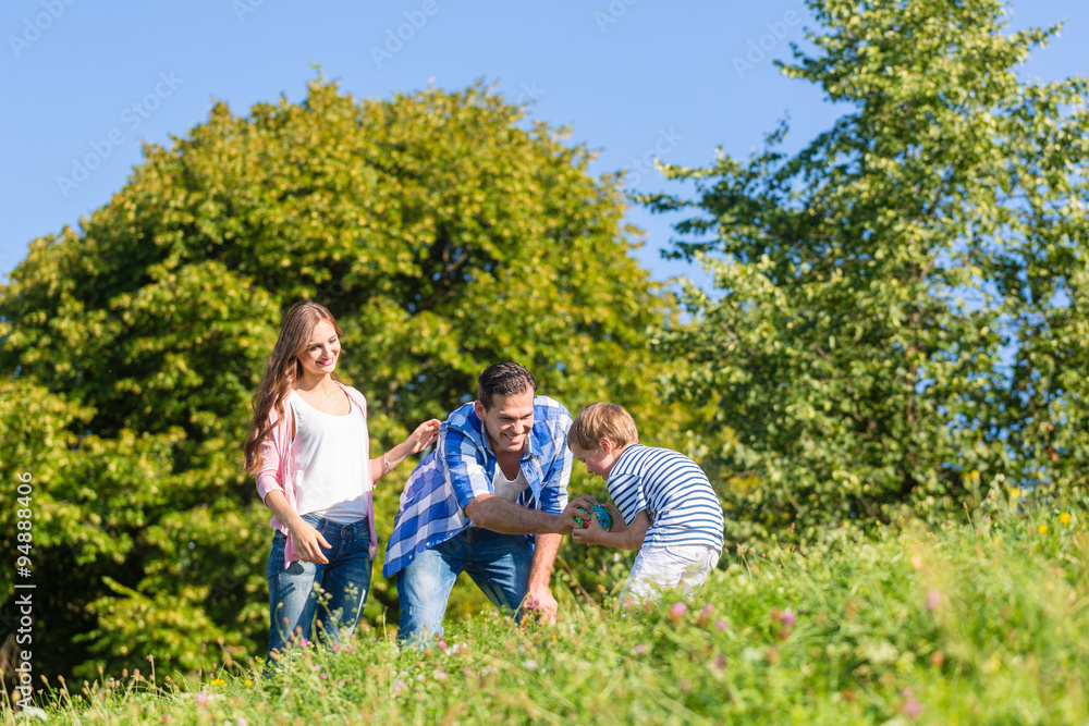 Familie spielt Ball auf Wiese im Sommer Familie spielt Ball auf Wiese im Sommer