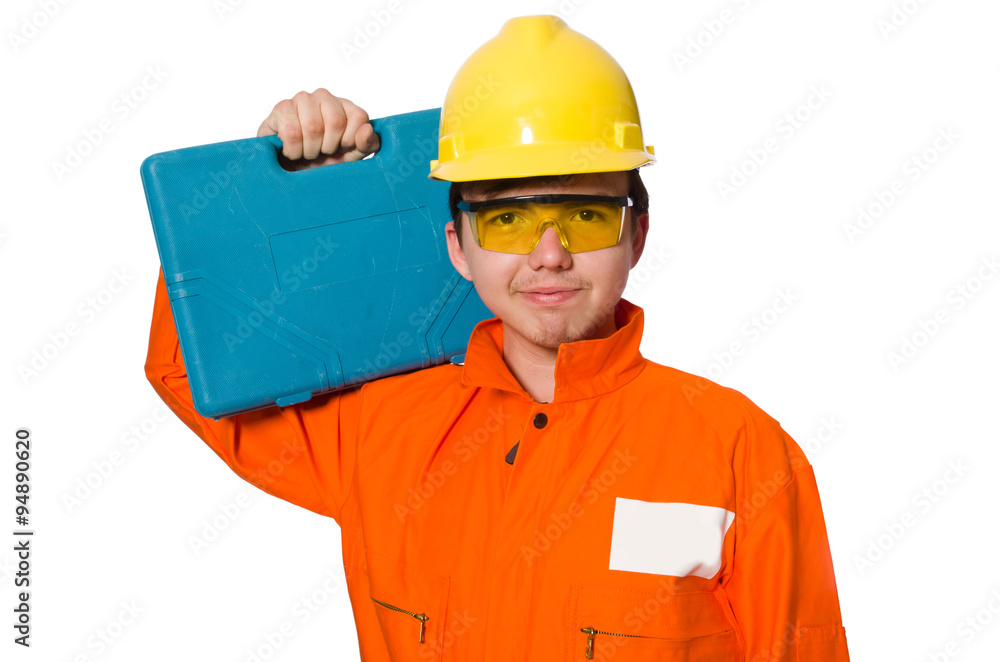 Man in orange coveralls isolated on white Man in orange coveralls isolated on white