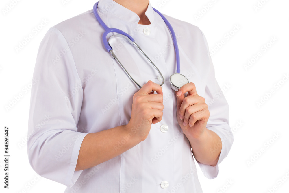 the doctor holds hands stethoscope, white background the doctor holds hands stethoscope, white background