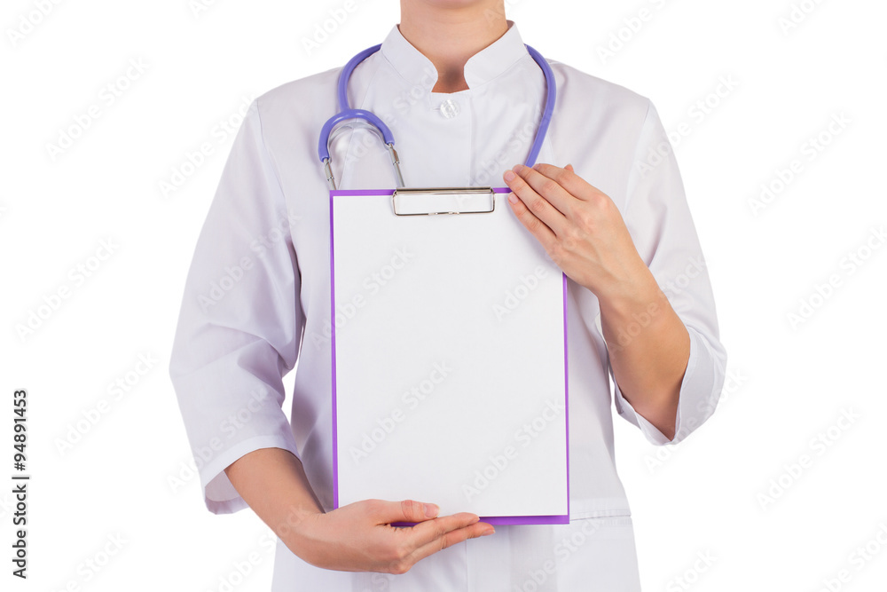 Doctor showing a blank sheet of paper to record Doctor showing a blank sheet of paper to record
