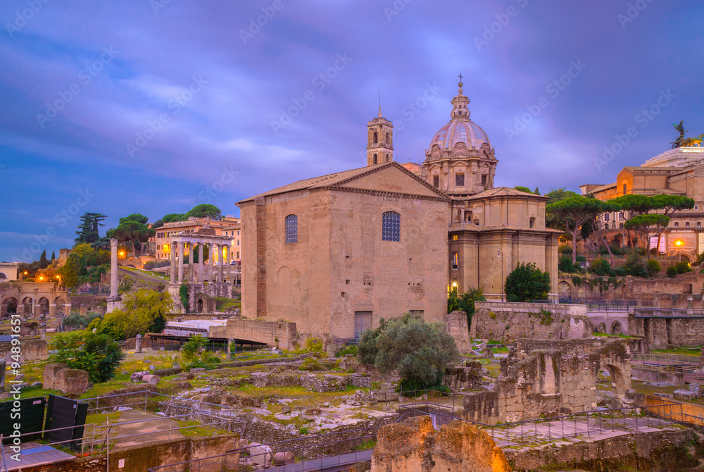 Fototapeta premium Roman Forum at dawn, Rome, Italy, with brick Curia and church of