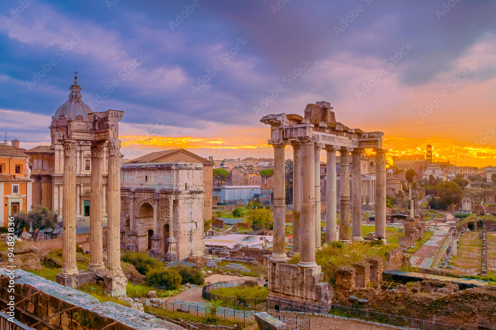 Artistic surreal edit of a cloudy dawn over the dark Roman Forum