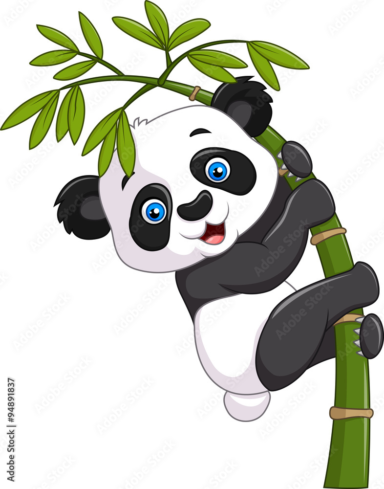 Cute funny baby panda hanging on a bamboo tree - obrazy, fototapety, plakaty 