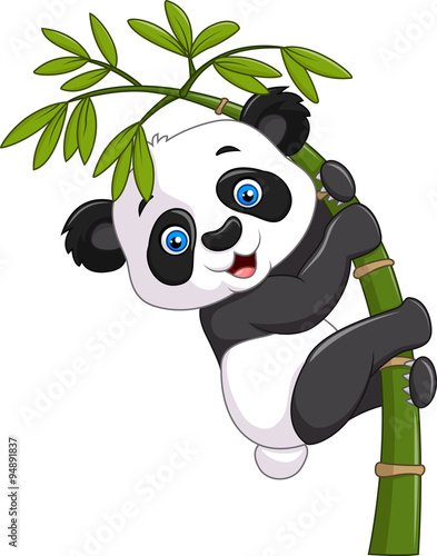 Fototapeta Naklejka Na Ścianę i Meble -  Cute funny baby panda hanging on a bamboo tree
