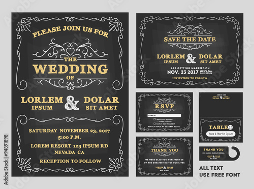 Vintage Chalkboard Wedding Invitations design sets include Invitation card, Save the date card, RSVP card, Thank you card, Table number, Gift tags, Place cards, Save the date door hanger