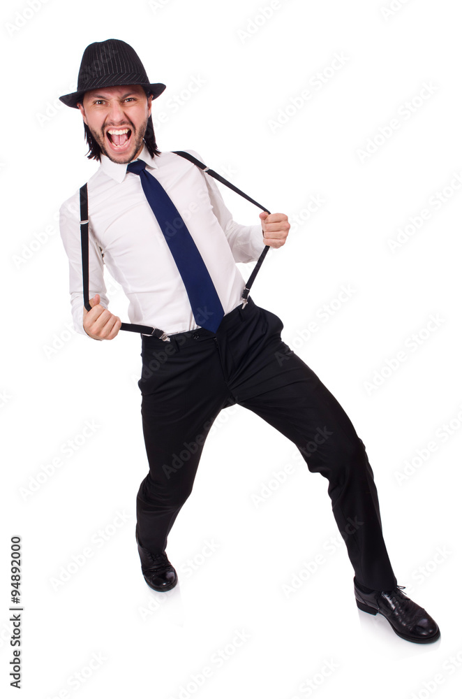 Man wearing hat and suspenders isolated on white Man wearing hat and suspenders isolated on white
