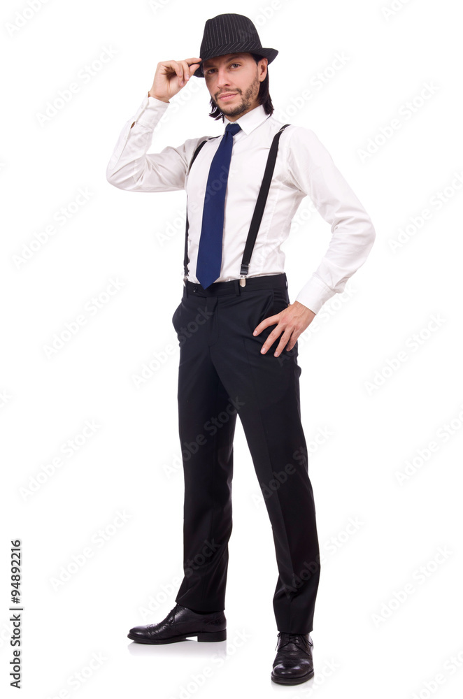 Man wearing hat and suspenders isolated on white Man wearing hat and suspenders isolated on white