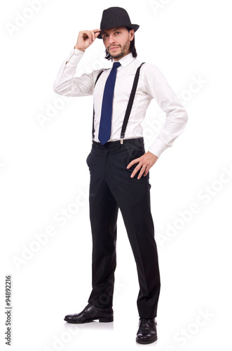 Man wearing hat and suspenders isolated on white © Elnur