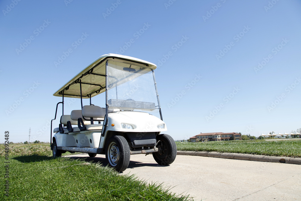 White golf carts at the green golf course