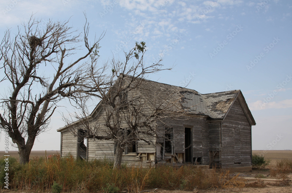 Fototapeta premium Abandoned house falls into ruin on a farm field
