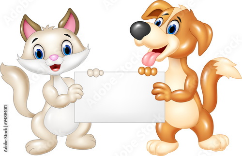 Cute cat and dog holding blank sign
