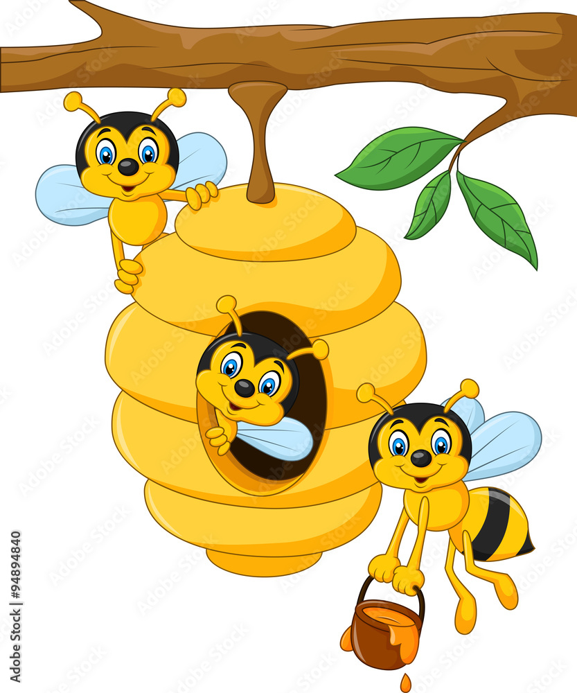 Cartoon branch of a tree with a beehive and a bee - obrazy, fototapety, plakaty 