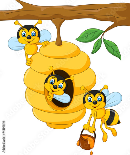 Cartoon branch of a tree with a beehive and a bee