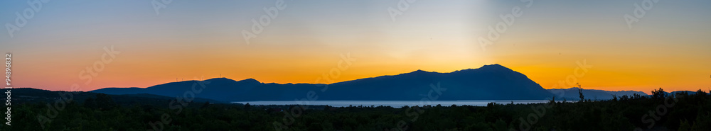 Panoramic mountain landscape with lake at sunset Panoramic mountain landscape with lake at sunset
