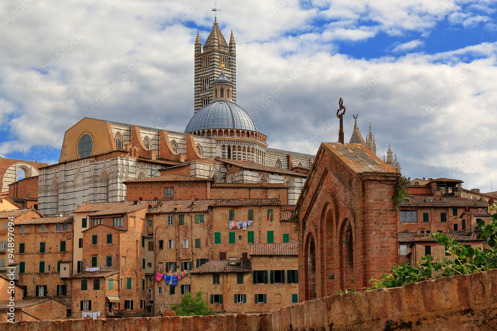 View of Siena towards Siena Cathedral in Italy