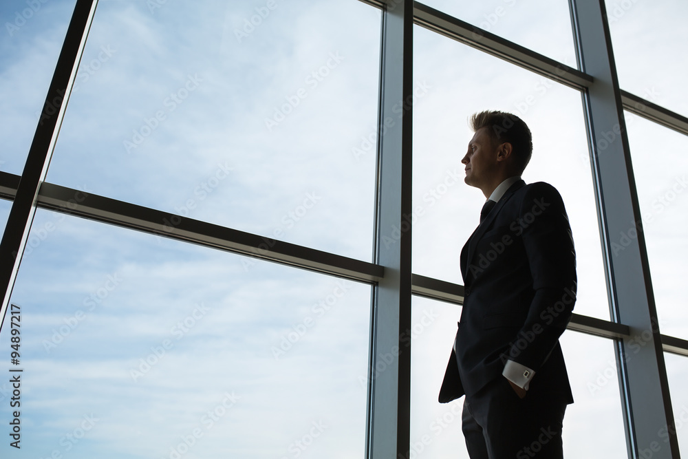 Stylish business man in the background of a large window Stylish business man in the background of a large window