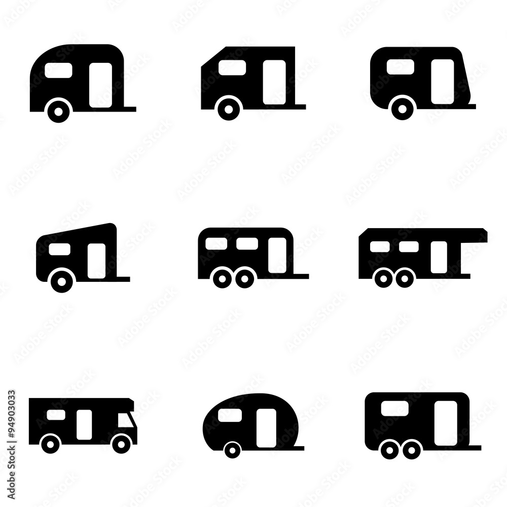 Vector black trailer icon set. Trailer Icon Object, Trailer Icon Picture, Trailer Icon Image Vector black trailer icon set. Trailer Icon Object, Trailer Icon Picture, Trailer Icon Image