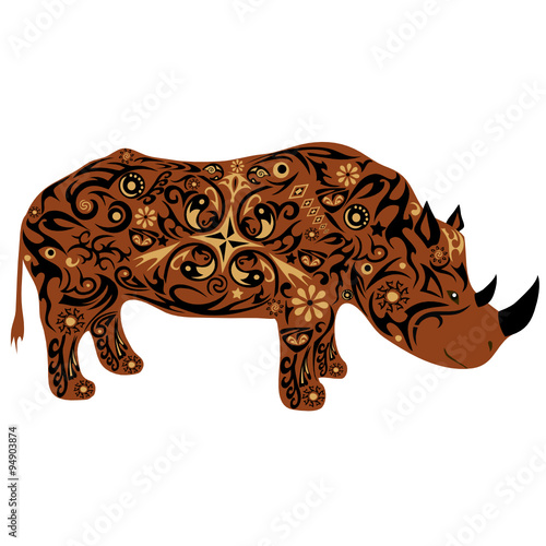 rhinoceros a wild African animal, an animal with a pattern from flowers and lines, a mammal with a horn on a nose, fauna of southern latitudes, a herbivore a rhinoceros