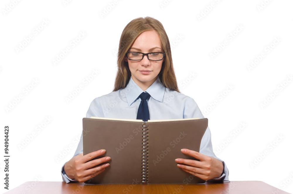 Office employee at work table isolated on white Office employee at work table isolated on white
