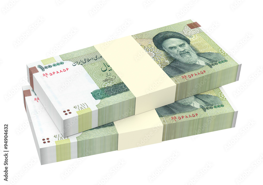 Iranian rials bills isolated on white background. Computer generated 3D photo rendering.