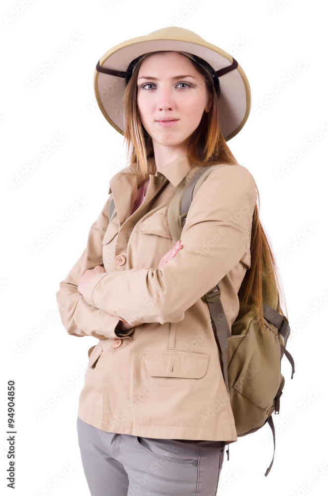 Woman wearing safari hat on white Woman wearing safari hat on white