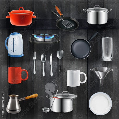 Kitchen utensils, vector set on black wooden background