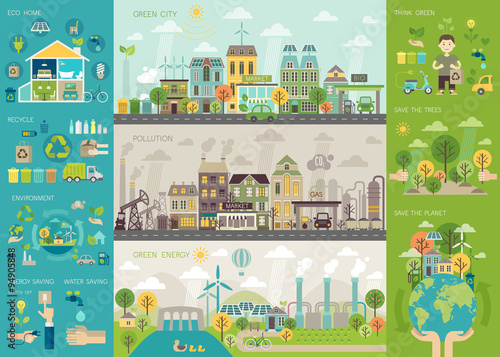 Green city Infographic set with charts and other elements.