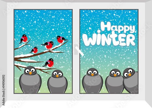 Pigeons and bullfinches look in the window