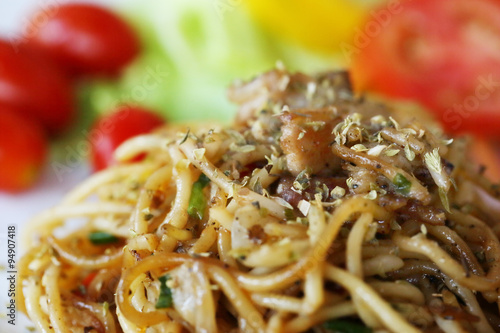 Closeup Italian Spaghetti on White Plate.