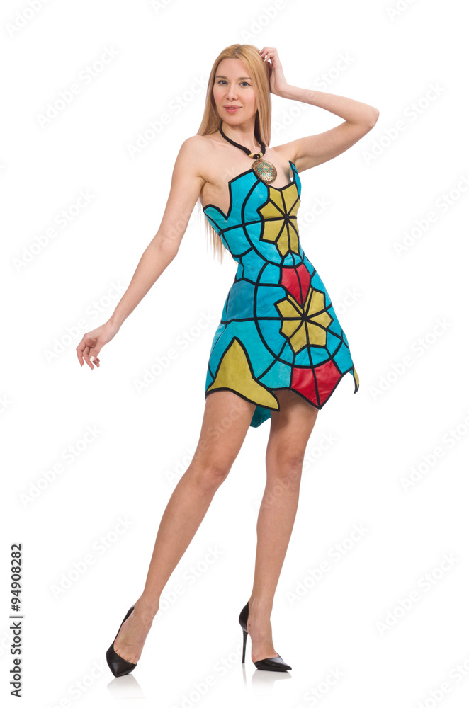 Woman in vivid strapless dress isolated on white Woman in vivid strapless dress isolated on white