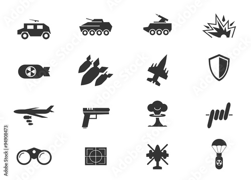 100 war icons, black on square white background © lisess