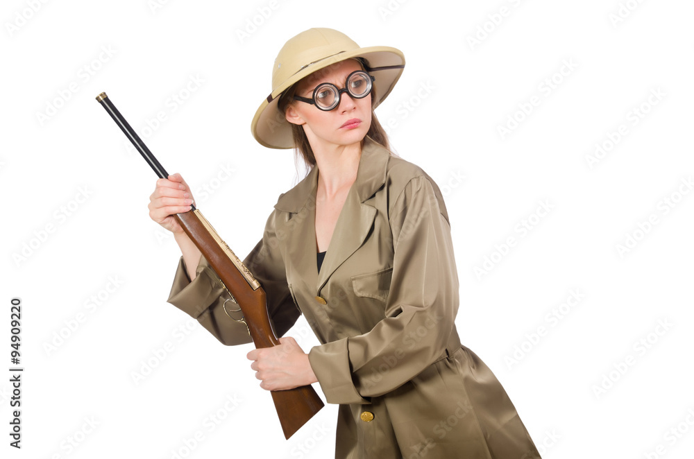 Woman wearing safari hat on white Woman wearing safari hat on white