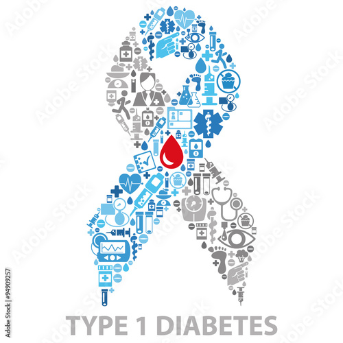 Diabetes Awareness Ribbon made of medical icons isolated on white
