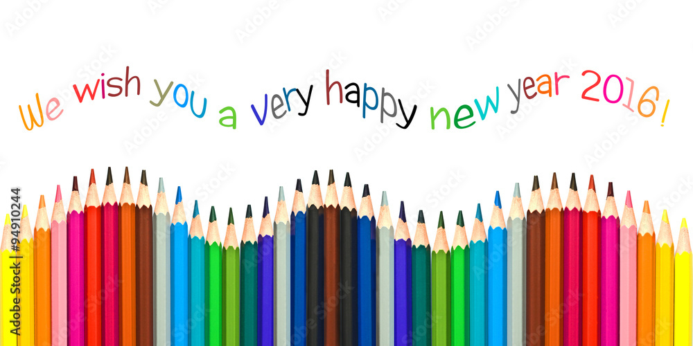 Fototapeta Happy new year 2016 greeting card , colorful pencils isolated on white background