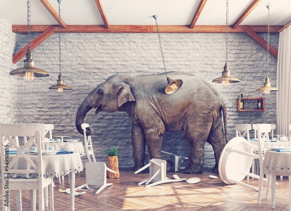 The elephant  in a restaurant - obrazy, fototapety, plakaty 
