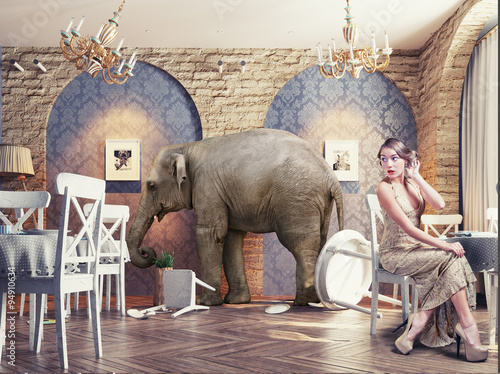 Картината върху платно an elephant calm in the  restaurant