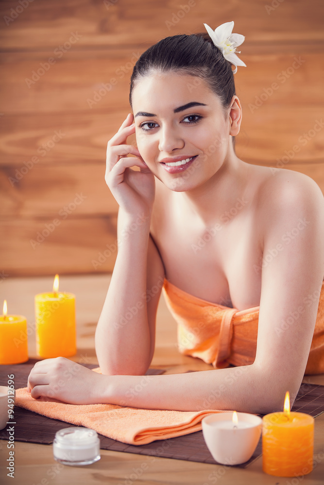 Portrait of young beautiful woman in spa environment Portrait of young beautiful woman in spa environment