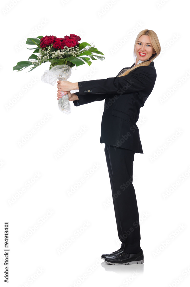 Woman with bunch of roses isolated on white Woman with bunch of roses isolated on white