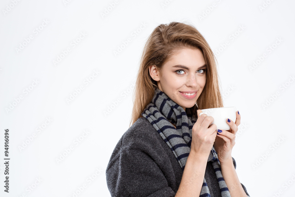 Happy woman holding cup with coffee Happy woman holding cup with coffee