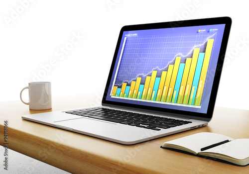 Business graph on laptop desktop with cup of coffee and diary © Who is Danny
